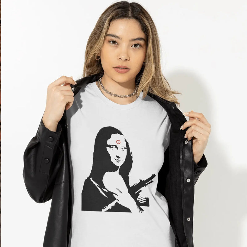 Banksy Mona Lisa With Machine Gun Womens T-Shirt