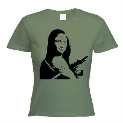 Banksy Mona Lisa With Machine Gun Womens T-Shirt M / Khaki