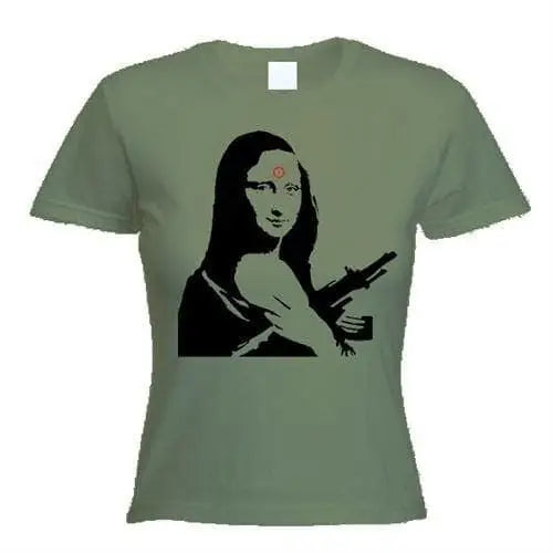 Banksy Mona Lisa With Machine Gun Womens T-Shirt M / Khaki