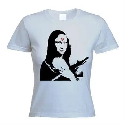 Banksy Mona Lisa With Machine Gun Womens T-Shirt M / Light Grey