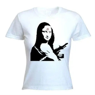 Banksy Mona Lisa With Machine Gun Womens T-Shirt M / White