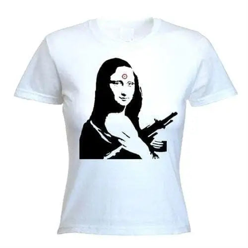 Banksy Mona Lisa With Machine Gun Womens T-Shirt M / White