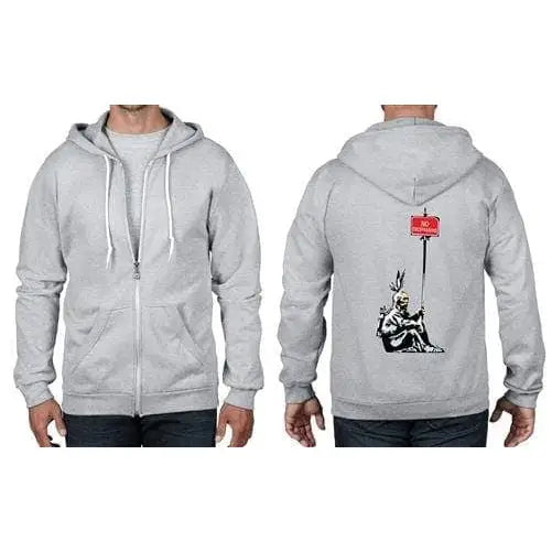 Banksy No Trespassing Indian Full Zip Hoodie XXL / Heather Grey