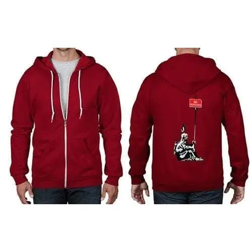 Banksy No Trespassing Indian Full Zip Hoodie XXL / Red