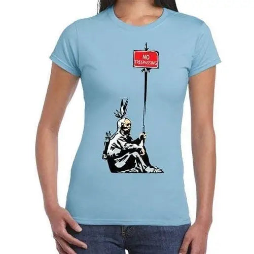 Banksy No Trespassing Indian Ladies T-Shirt M / Blue