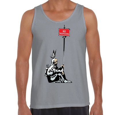 Banksy No Trespassing Native Indian Men's Tank Vest Top XXL / Light Grey