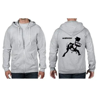 Banksy Office Chair Full Zip Hoodie S / Heather Grey