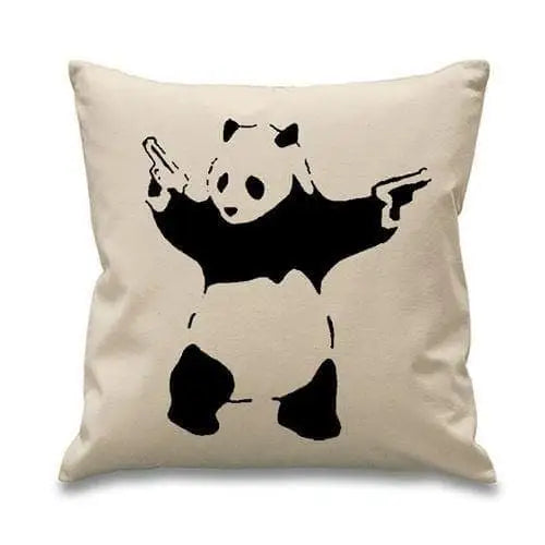Banksy Panda With Pistols Cushion Cream