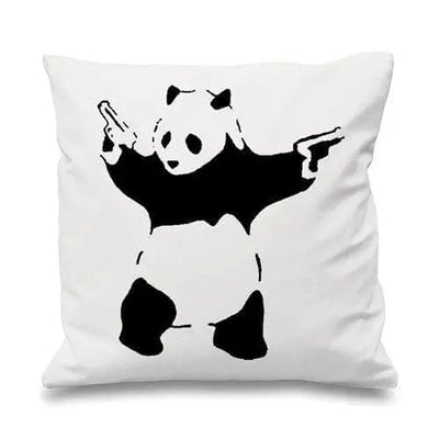 Banksy Panda With Pistols Cushion White