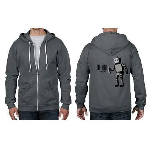 Banksy Robot Barcode Full Zip Hoodie XXL / Charcoal