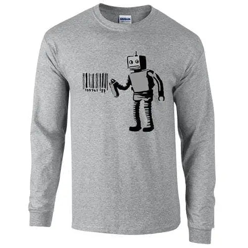 Banksy Robot Barcode Mens Long Sleeve T-shirt S / Grey