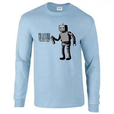 Banksy Robot Barcode Mens Long Sleeve T-shirt S / Sky Blue