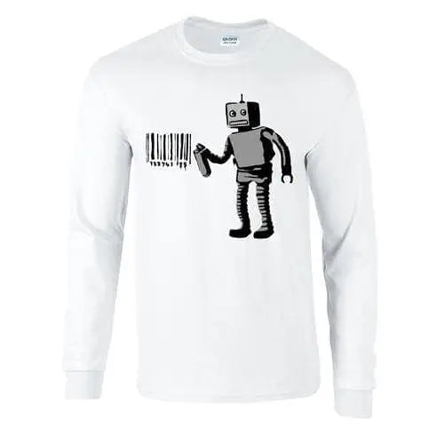 Banksy Robot Barcode Mens Long Sleeve T-shirt S / White