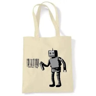 Banksy Robot Barcode Tote Shoulder Bag Cream