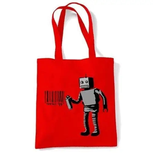 Banksy Robot Barcode Tote Shoulder Bag Red