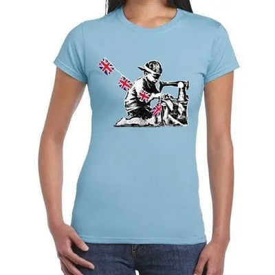Banksy Slave Labour Sewing Machine Boy Ladies Tee XL / Light Blue