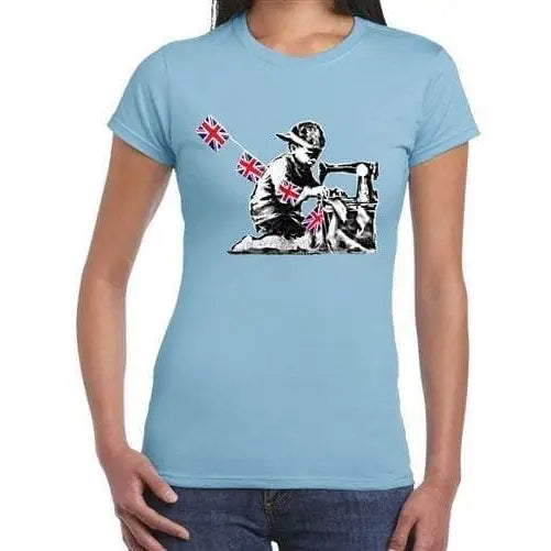 Banksy Slave Labour Sewing Machine Boy Ladies Tee XL / Light Blue