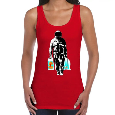 Banksy Spaceman With Shopping Bags Women's Tank Vest Top XL / Red
