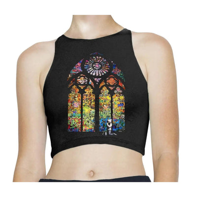 Banksy Stained Glass Window Sleeveless High Neck Crop Top XS / Black