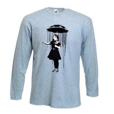Banksy Umbrella Girl Nola Long Sleeve T-Shirt M / Light Grey