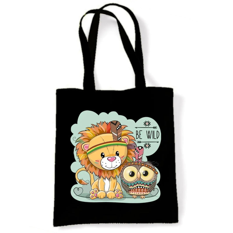 Be Wild Cute Jungle Lion Owl Tote Shoulder Shopping Bag Black