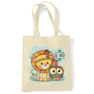 Be Wild Cute Jungle Lion Owl Tote Shoulder Shopping Bag Cream