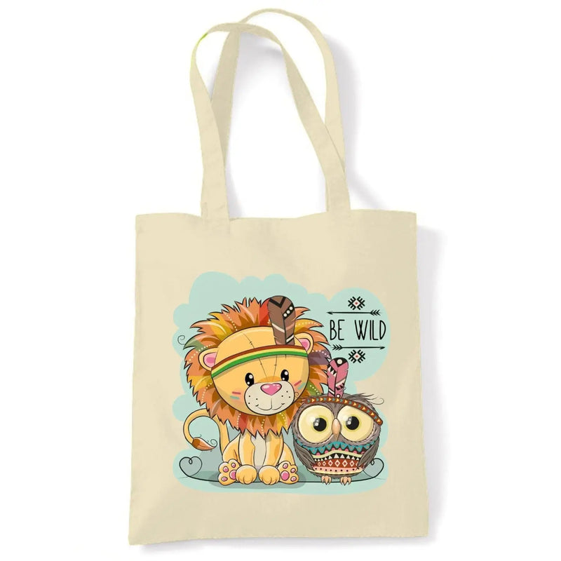 Be Wild Cute Jungle Lion Owl Tote Shoulder Shopping Bag Cream