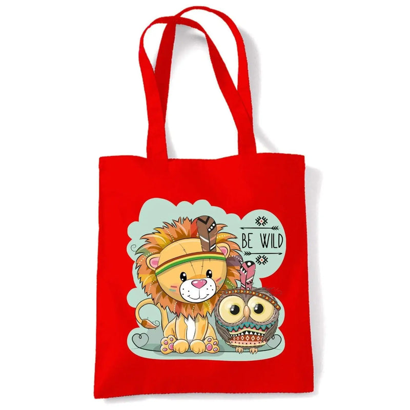 Be Wild Cute Jungle Lion Owl Tote Shoulder Shopping Bag Red