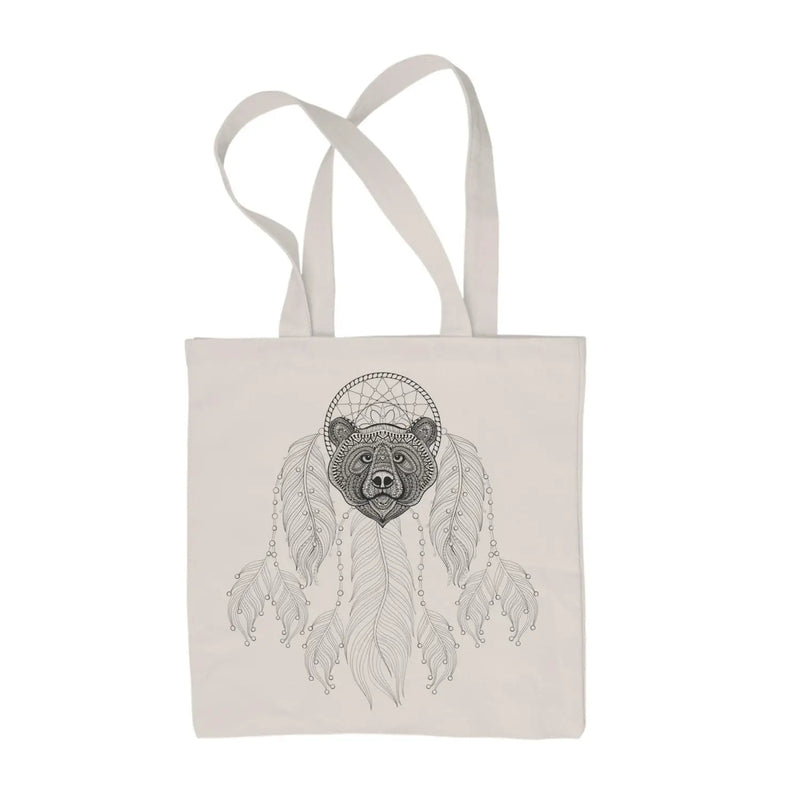 Bears Head Dream Catcher Native American Tattoo Hipster Large Print Tote Shoulder Shopping Bag Cream