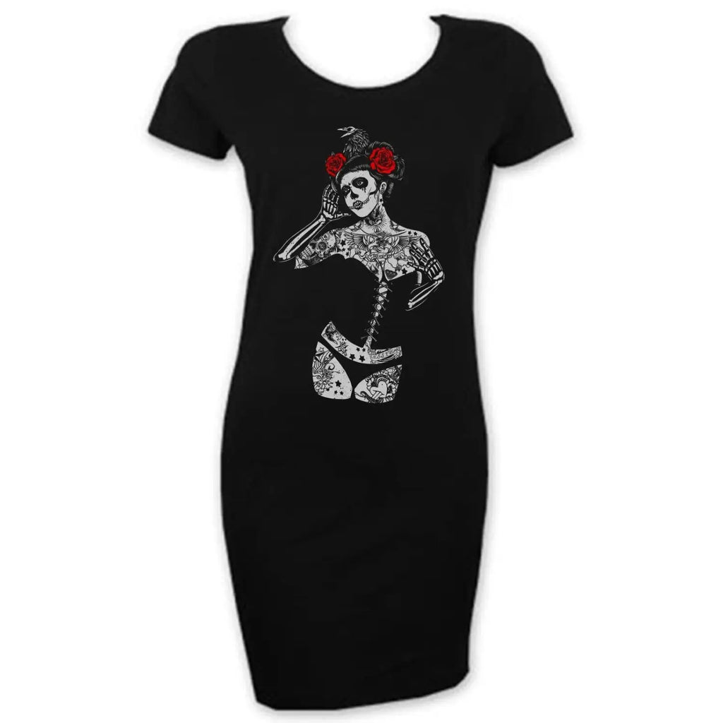 Black Crow Sugar Skull Girl Short Sleeve T-Shirt Dress – Tribal T
