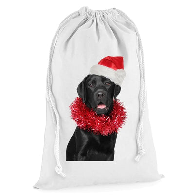 Black Labrador Christmas with Santa Hat Presents Stocking Drawstring Sack