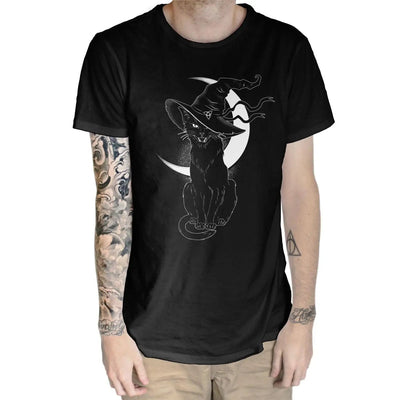 Black Witches Cat with Hat Halloween Men's T-Shirt Medium / Black