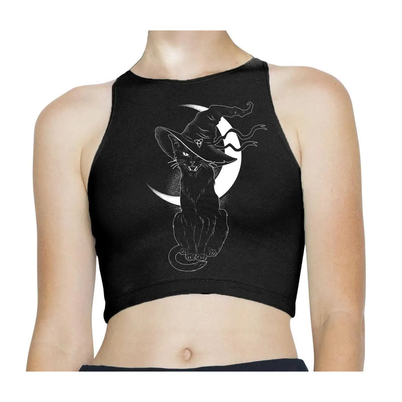 Black Witches Cat with Hat Halloween Womens Crop Top Large