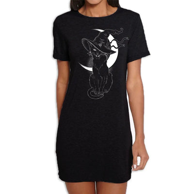 Black Witches Cat with Hat Halloween Womens T-Shirt Dress Large