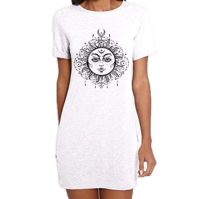 Boho Sun Hipster Tattoo Large Print Women's T-Shirt Dress Medium