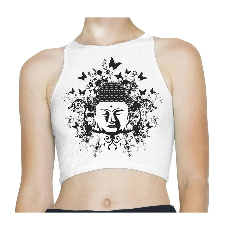 Buddha Butterflies Buddhist Sleeveless High Neck Crop Top XS / White