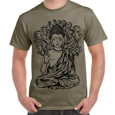 Buddha Design Large Print Men's T-Shirt XL / Khaki