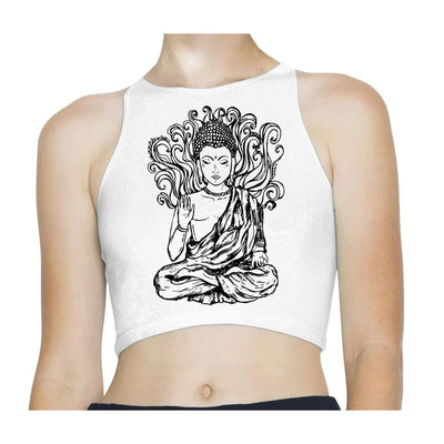 Buddha Large Print Buddhist Sleeveless High Neck Crop Top XS / White