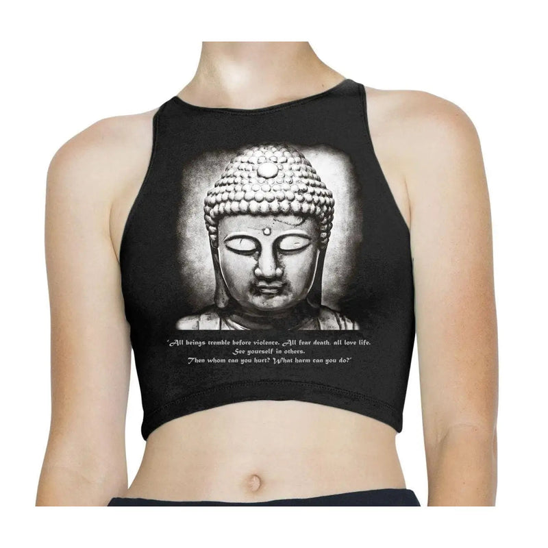 Buddha Vegetarian Quote Sleeveless High Neck Crop Top XS / Black