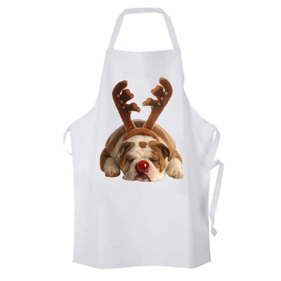 Bulldog Rudolph Reindeer Cute Christmas Chef's Kitchen Apron