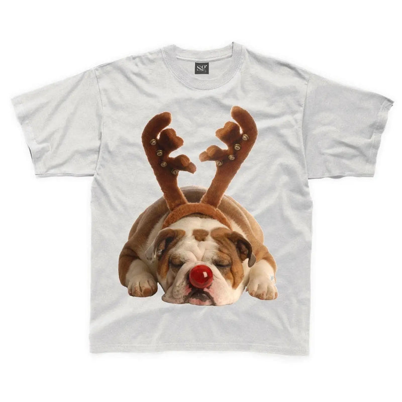 Bulldog Rudolph Reindeer Cute Christmas Kids T-Shirt 11-12