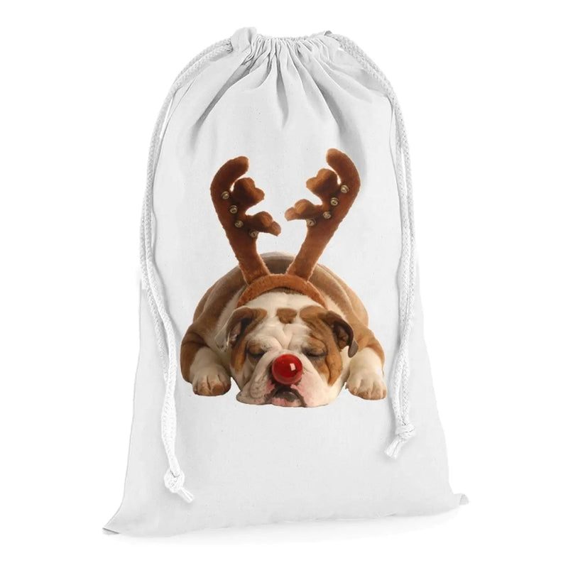 Bulldog Rudolph Reindeer Cute Christmas Presents Stocking Drawstring Santa Sack