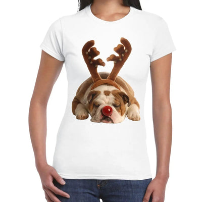 Bulldog Rudolph Reindeer Cute Christmas Women's T-Shirt M