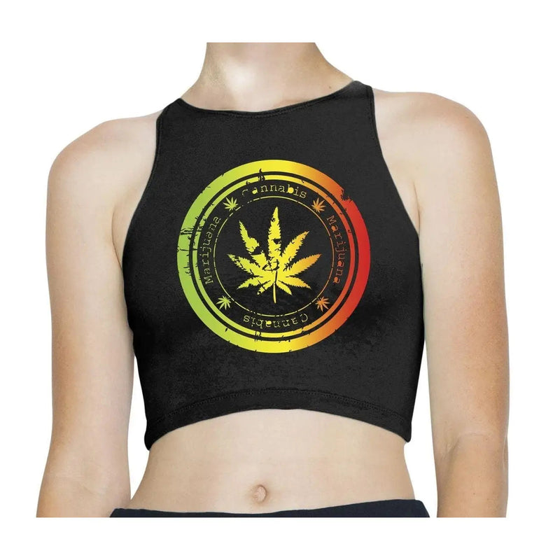 Cannabis Rasta Reggae Sleeveless High Neck Crop Top L / Black