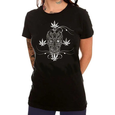 Cannabis Sugar Skull Tattoo Womens T-Shirt