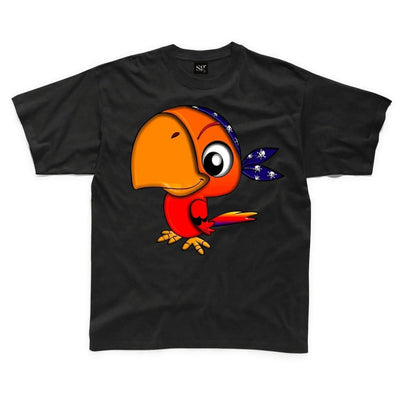 Cartoon Parrot Bird Children's Unisex T Shirt 7-8 / Black