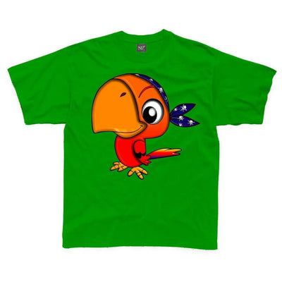 Cartoon Parrot Bird Children's Unisex T Shirt 7-8 / Kelly Green