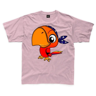 Cartoon Parrot Bird Children's Unisex T Shirt 7-8 / Light Pink