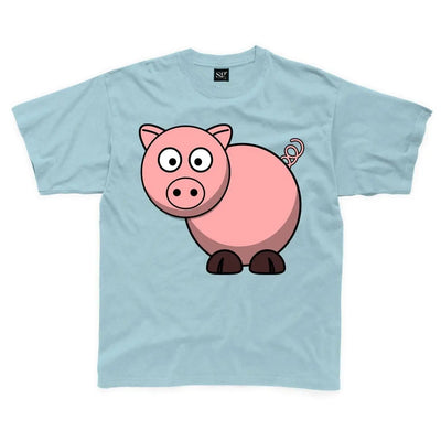 Cartoon Pig Farm Yard Animal Children's Unisex T Shirt 11-12 / Light Blue