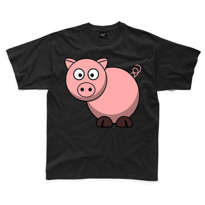 Cartoon Pig Farm Yard Animal Children's Unisex T Shirt 9-10 / Black